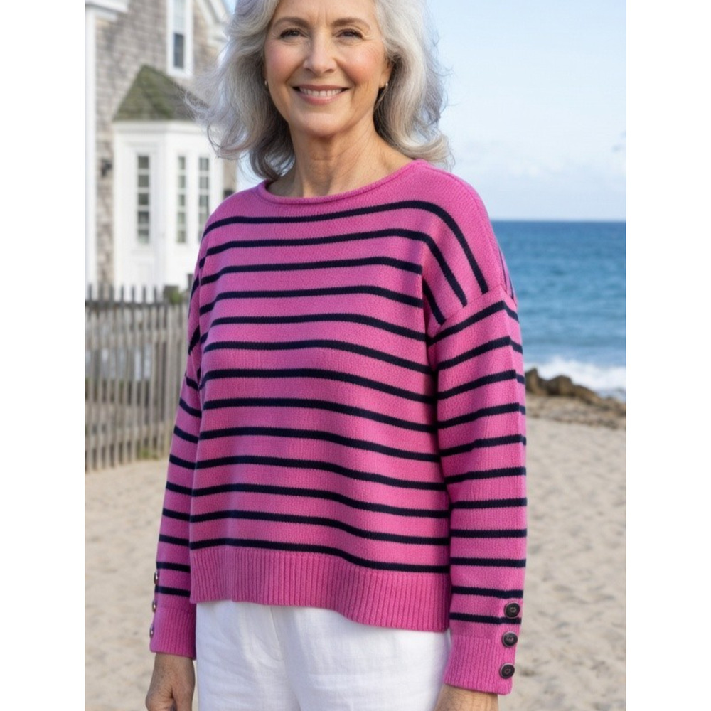 Talbots Petite XL Pink Navy Striped Sweater Cotton Nautical Coastal Top Vacation